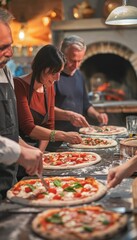 Middle Aged Friends Enjoying a Gourmet Pizza Cooking Class with Fresh Ingredients and Stone Oven Baking