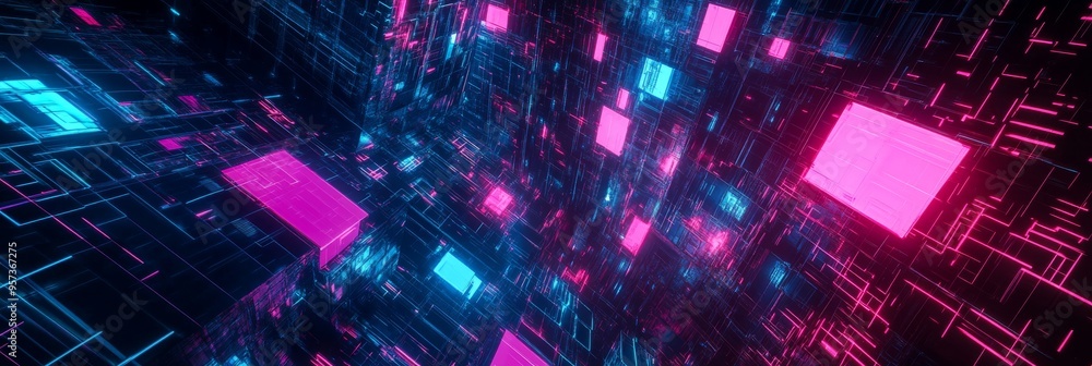 Poster a dynamic fusion of ai-generated structures in a digital dreamscape features vibrant neon colors