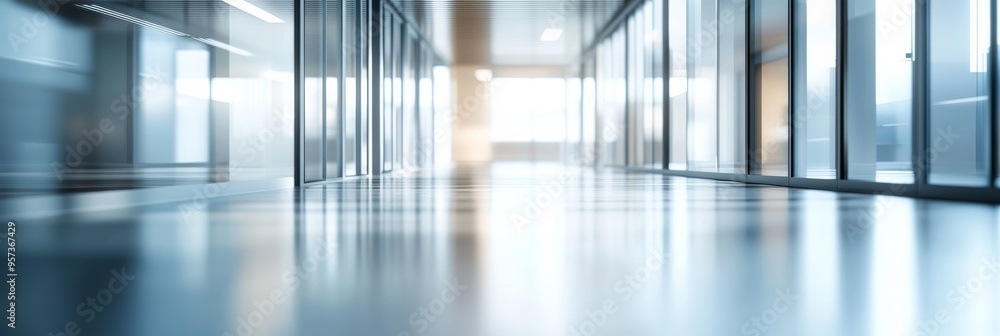 Poster a sleek modern office corridor features soft lighting and a contemporary design, creating an invitin