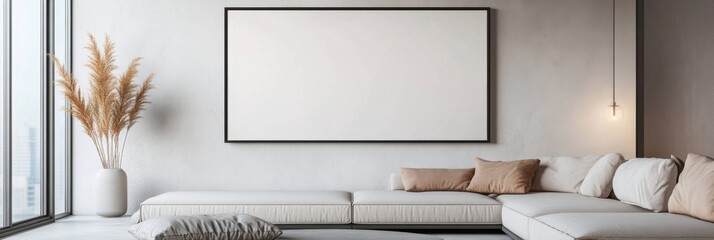 The living room features a large blank canvas frame, cozy seating with neutral tones, and a stylish plant, showcasing a blend of elegance and minimalism