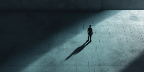 Lone figure in dramatic lighting casts long shadow on empty urban floor