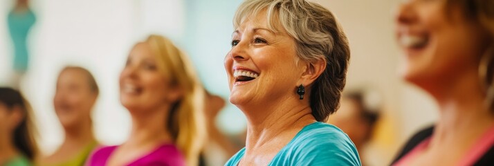 Women express pure joy as they participate in a dynamic Zumba class, showcasing their enthusiasm and connection in a supportive environment