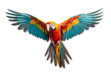 Fototapeta premium Blue red and yellow Macaw Parrot isolated on clear white and transparent background