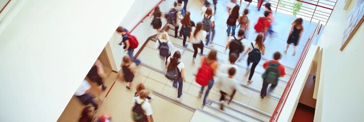 Students energetically navigate a staircase during class transitions, showcasing the hustle and bustle of school life in a lively setting filled with activity