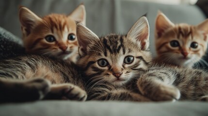 group of cute kittens lying on the sofa looking at the camera