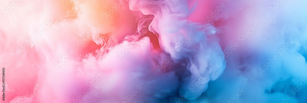 Poster a mesmerizing display of swirling neon smoke in pastel colors forms an abstract pattern, evoking a d