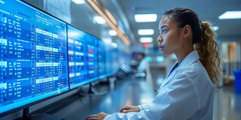 Female medical professional analyzing data on multiple digital screens in a high-tech healthcare facility