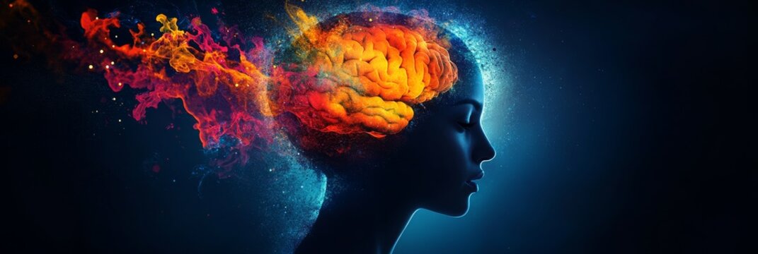 A striking silhouette of a human head features vibrant colors and abstract shapes exploding outward, symbolizing the power of creativity and imagination in an expressive, artistic style