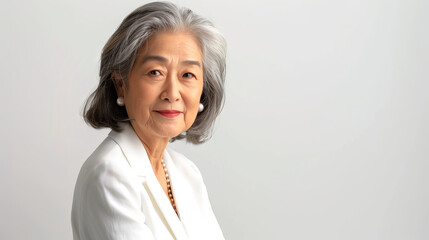 Fototapeta premium Confident Elderly Asian Woman in White Business Suit. Concept of Professionalism, Senior Leadership, and Elegant Fashion. White background. Copy space