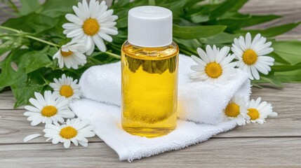 A calming composition featuring a bottle of yellow liquid, a soft towel, and small daisies against a wooden backdrop, creating a serene atmosphere