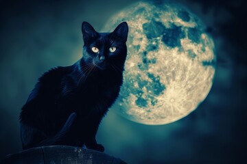 Mystical black cat silhouetted against full moon in enchanting night sky - Powered by Adobe