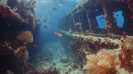  Underwater view of shipwreck with vibrant corals surrounding it