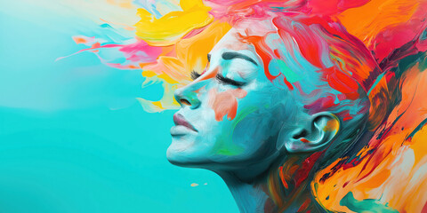 Vibrant abstract portrait of woman with colorful paint art
