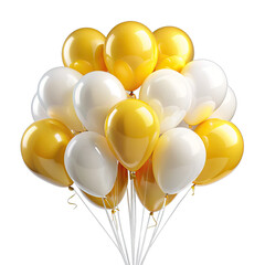 A group of white and yellow balloons are tied together with strings. The balloons are isolated against a white background