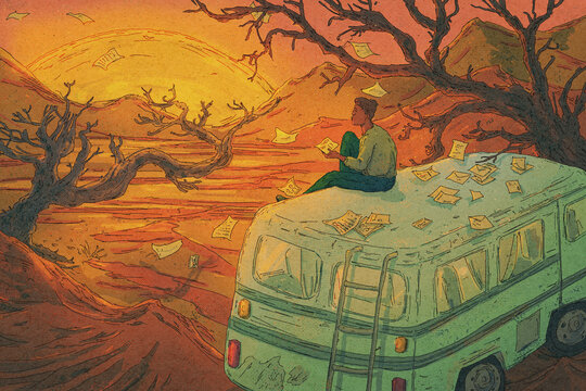 A black man sits on the roof of a van and reads letters