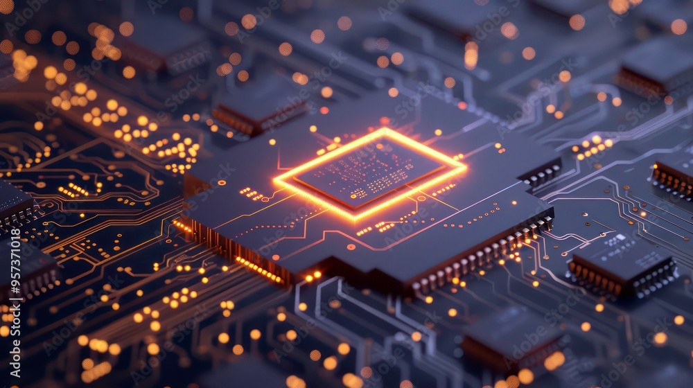 Poster a glowing microchip on a circuit board with golden pathways.