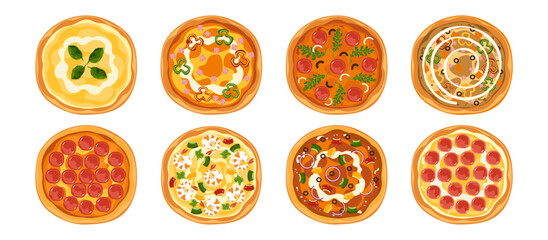 A set of delicious fast food illustrations of Italian food: homemade pizza on a tray, top view, various faces, cooking, food menu, isolated on a white background for poster design and advertising.
