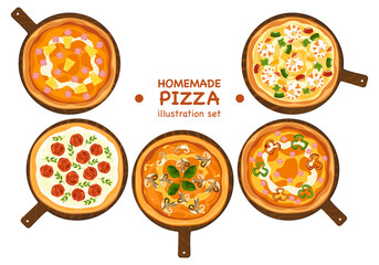 A set of delicious fast food illustrations of Italian food: homemade pizza on a tray, top view, various faces, cooking, food menu, isolated on a white background for poster design and advertising.
