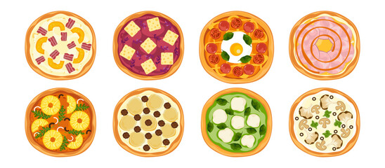 A set of delicious fast food illustrations of Italian food: homemade pizza on a tray, top view, various faces, cooking, food menu, isolated on a white background for poster design and advertising.
