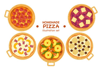 A set of delicious fast food illustrations of Italian food: homemade pizza on a tray, top view, various faces, cooking, food menu, isolated on a white background for poster design and advertising.
