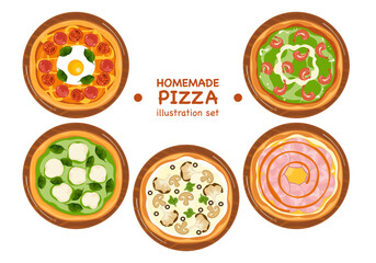 A set of delicious fast food illustrations of Italian food: homemade pizza on a tray, top view, various faces, cooking, food menu, isolated on a white background for poster design and advertising.
