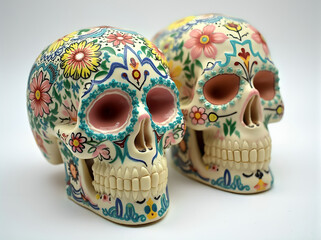 A sugar skull designed to mimic a human skull decorated with colorful patterns and floral motifs in vibrant colors
