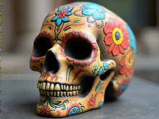 A sugar skull designed to mimic a human skull decorated with colorful patterns and floral motifs in vibrant colors
