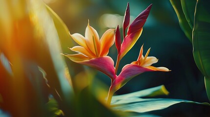 Obraz premium Close-up of a flower on a leafy plant, with sunlight filtering through the foliage behind it