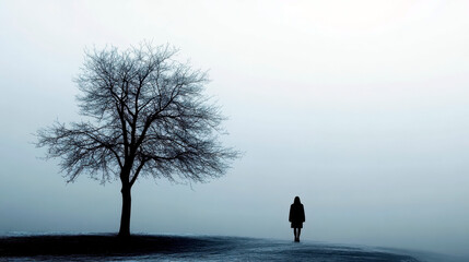 Silhouette of lonely girl in fog next to tree without leaves. Back view. Seasonal depression Awareness Month. Horizontal banner. Free space for text. Seasonal affective disorder (SAD)