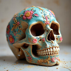 A sugar skull designed to mimic a human skull decorated with colorful patterns and floral motifs in vibrant colors
