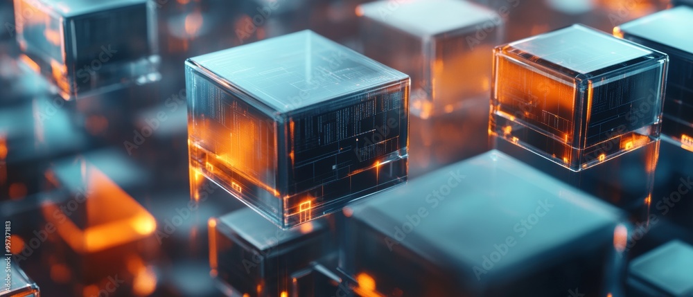 Poster a computer chip is shown in a blue and orange color scheme