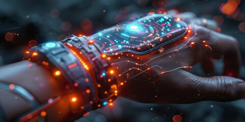 Close-up of a hand wearing a high-tech wrist device with glowing holographic elements and futuristic interface