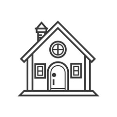 Black and White Line Drawing of a Simple House with a Door Windows and a Chimney