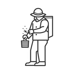 A man in a hat and backpack is swatting at insects