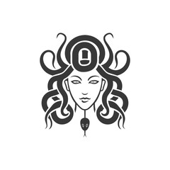 A stylized depiction of Medusa a Gorgon with snakes for hair looking straight ahead