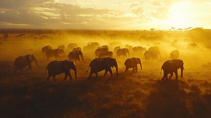 Fototapeta premium A group of elephants gracefully stand atop a lush green field beneath a radiant sun peeking through the clouds above