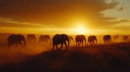   A group of elephants strolls through a parched meadow beneath an overcast sky, with the sun sinking in the background