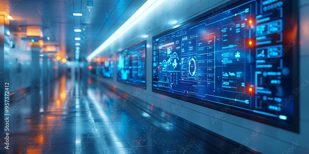 Poster futuristic corridor with digital screens displaying complex data and glowing lights reflecting on th