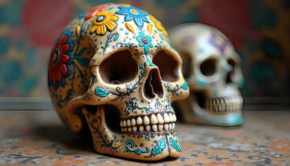 A sugar skull designed to mimic a human skull decorated with colorful patterns and floral motifs in vibrant colors
