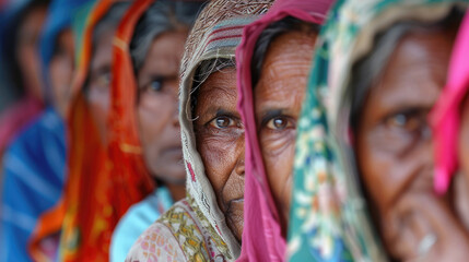 Obraz premium Large group of Indian women, selective focus. World Population Day.