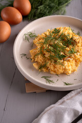 scrambled, area, eggs, fresh, nutrition, herbs, culinary, dill, plate, background, homemade, protein, whole, kitchen, dining, rustic, breakfast, cooking, style, home