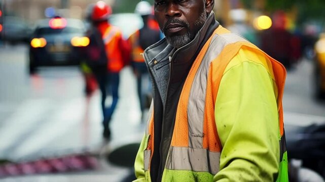 Sanitation worker in reflective gear collects garbage on a busy nyc street, highlighting the importance of keeping urban areas clean