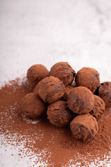 truffle, chocolate, cocoa, brown, food, sweet, homemade, candy, dark, chocolate truffle, powder, dessert, ball, bonbon, round, photography, horizontal, background, sweet food, confectionery, close-up