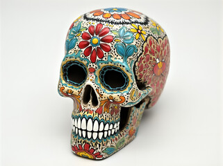 A sugar skull designed to mimic a human skull decorated with colorful patterns and floral motifs in vibrant colors
