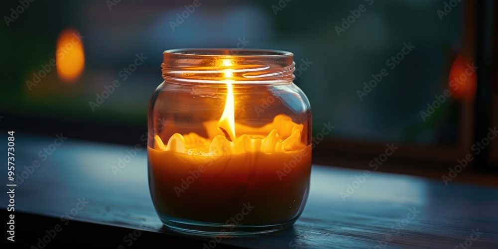 Poster glowing candle flame on a floating wick inside a glass jar creating a serene atmosphere and casting 