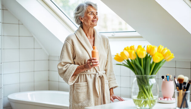 smiling elderly and respectable woman standing in beige robe in bathroom and holding bottle near yellow flowers, copy space