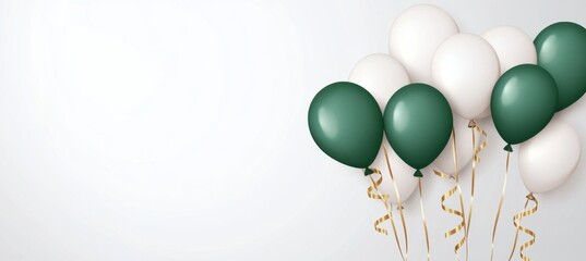 Green and white balloons with golden ribbons on a light background  Birthday party decoration, celebration, or holiday banner design template Generative AI