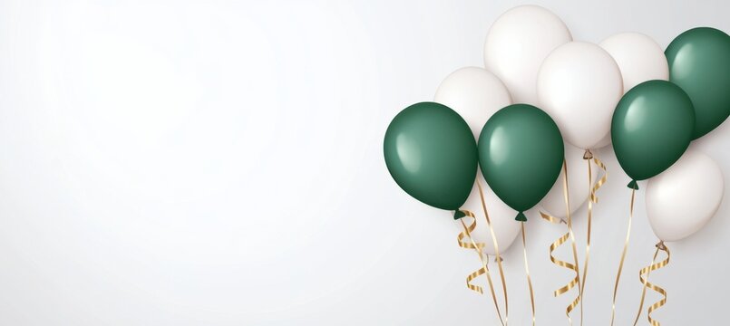 Green and white balloons with golden ribbons on a light background  Birthday party decoration, celebration, or holiday banner design template Generative AI