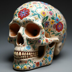 A sugar skull designed to mimic a human skull decorated with colorful patterns and floral motifs in vibrant colors
