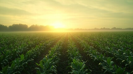   A golden cornfield bathed in twilight light as the sun filters through cloudy skies and casts a warm glow over the horizon